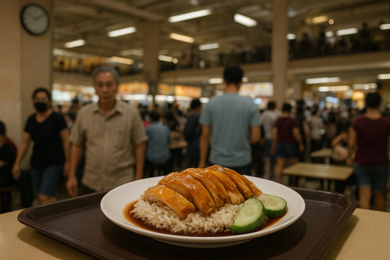 Liao Fan Hawker Chan at Chinatown Complex, a simple plate of soya sauce chicken rice on a hawker tray under bright fluorescent light, with the queue and second-floor food-court bustle in the background