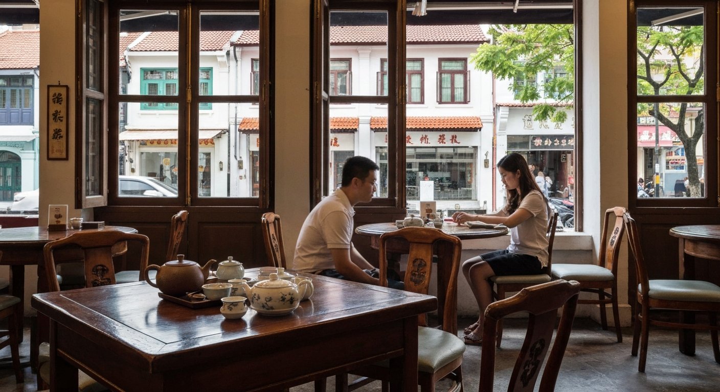 Tea Chapter on Neil Road, an elegant traditional Chinese teahouse interior with teaware on the table and soft afternoon light through the shophouse windows
