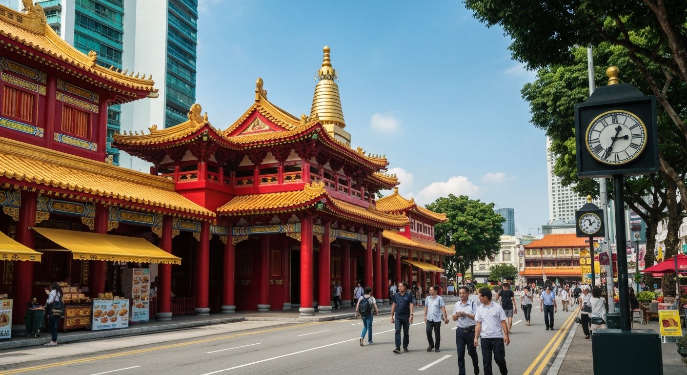 Buddha Tooth Relic Temple on South Bridge Road at day, the red Tang-style façade, golden stupa and ornate roof details glowing in clear light