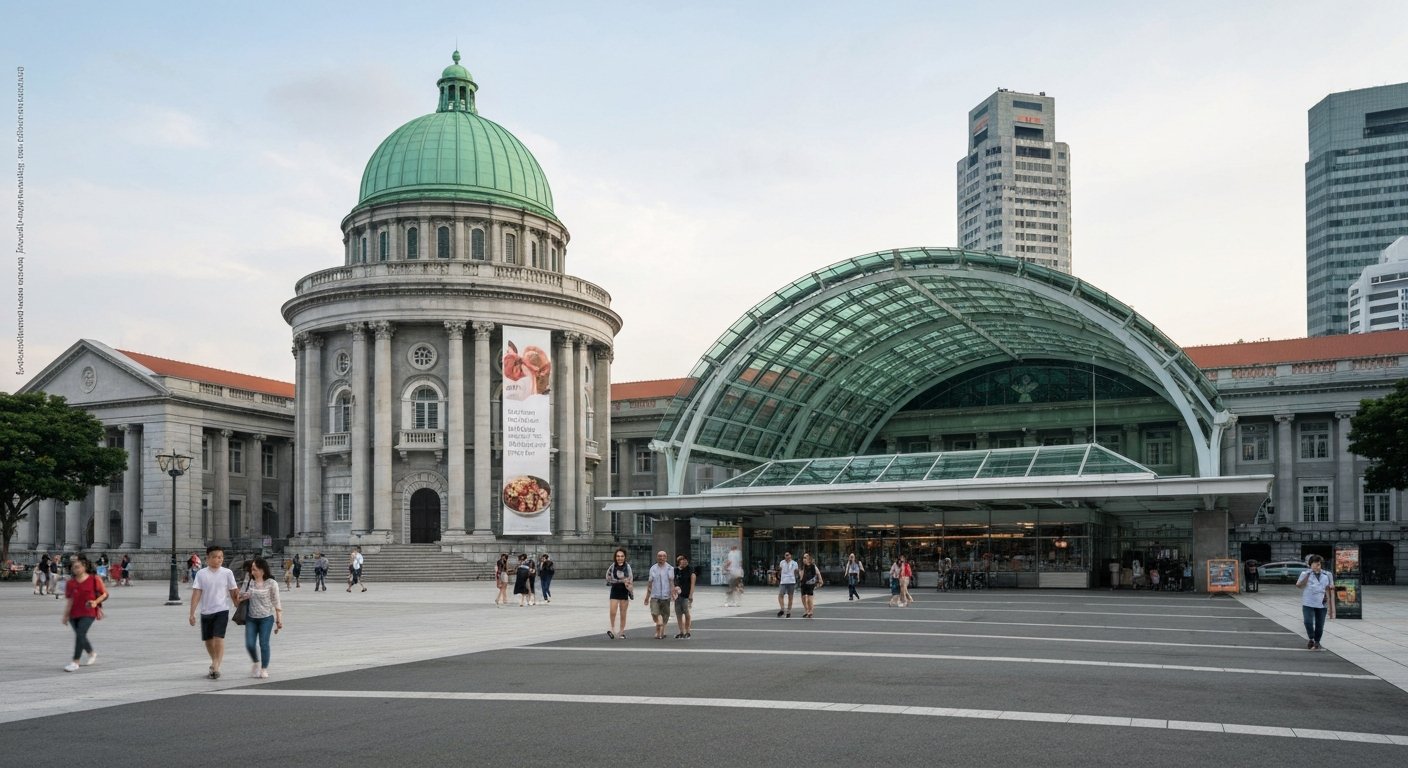 the former Supreme Court and City Hall forming the National Gallery Singapore, with the green rotunda dome and glass-roofed link glowing above the Padang in daylight