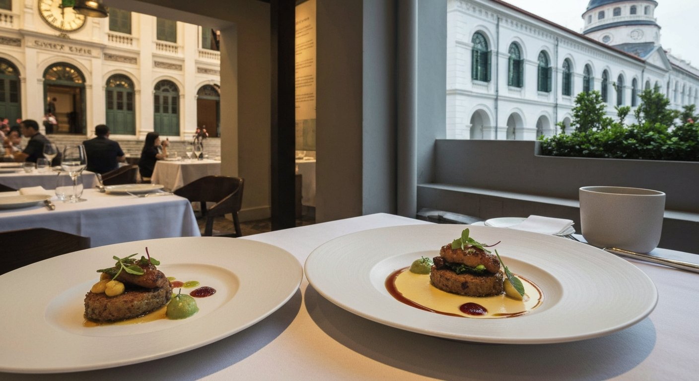a refined tasting-menu dish at Odette inside the former Supreme Court wing, plated on fine ceramics under soft, intimate restaurant lighting
