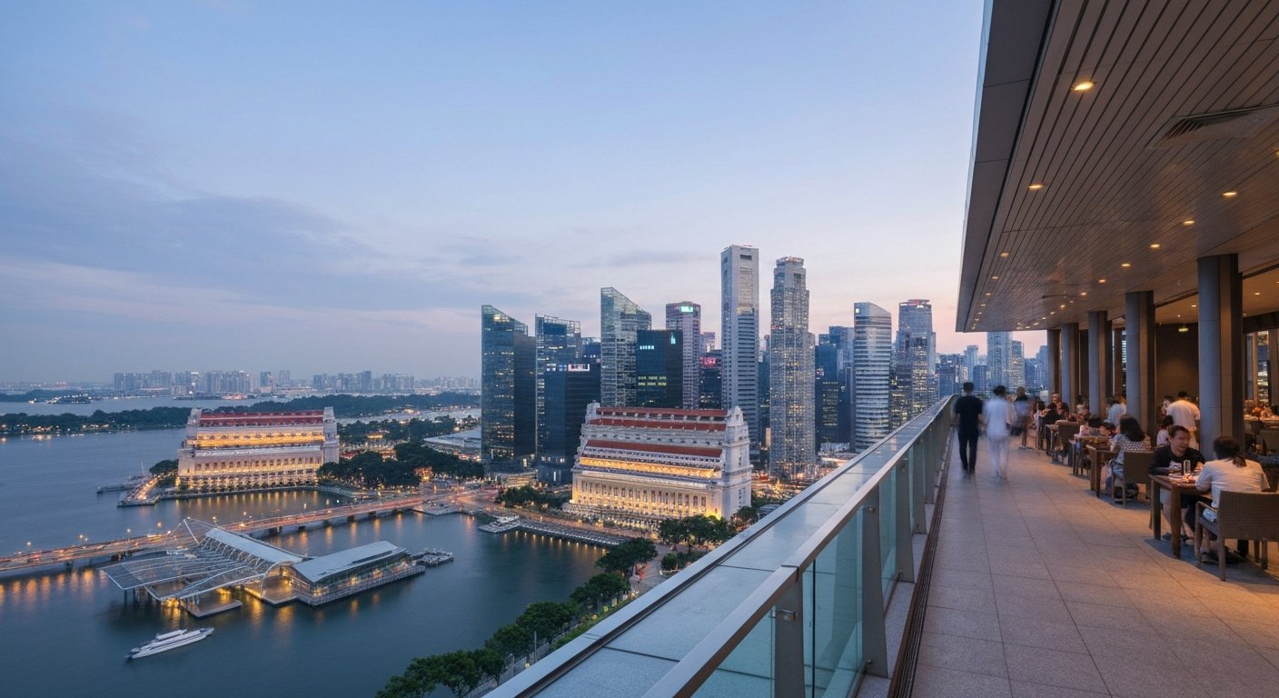 Milli Sky Dining & Bar on Level 6 of the National Gallery, with the Padang and Singapore skyline spread out at dusk beyond the terrace