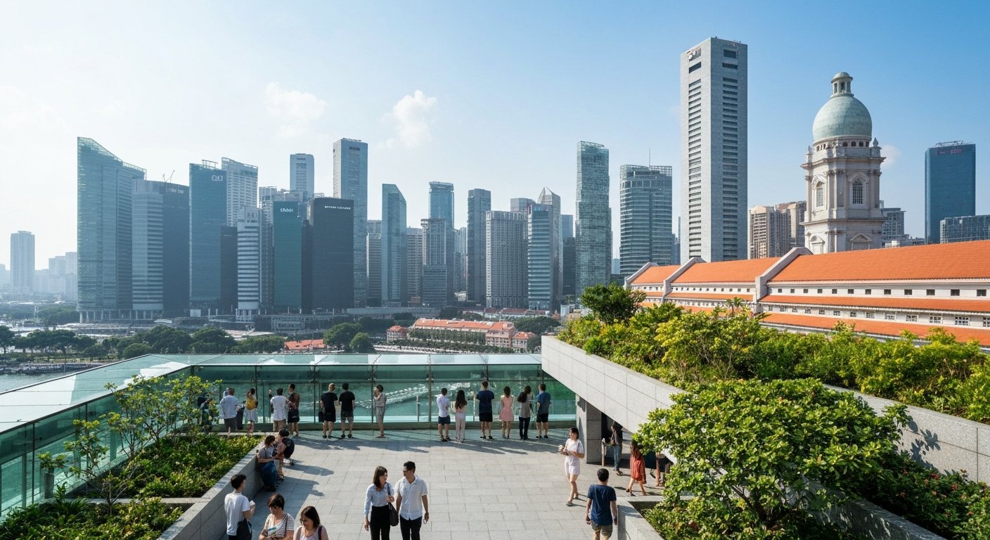 the National Gallery Singapore rooftop garden and glass link, with visitors looking out over the Padang and the city skyline in bright afternoon light