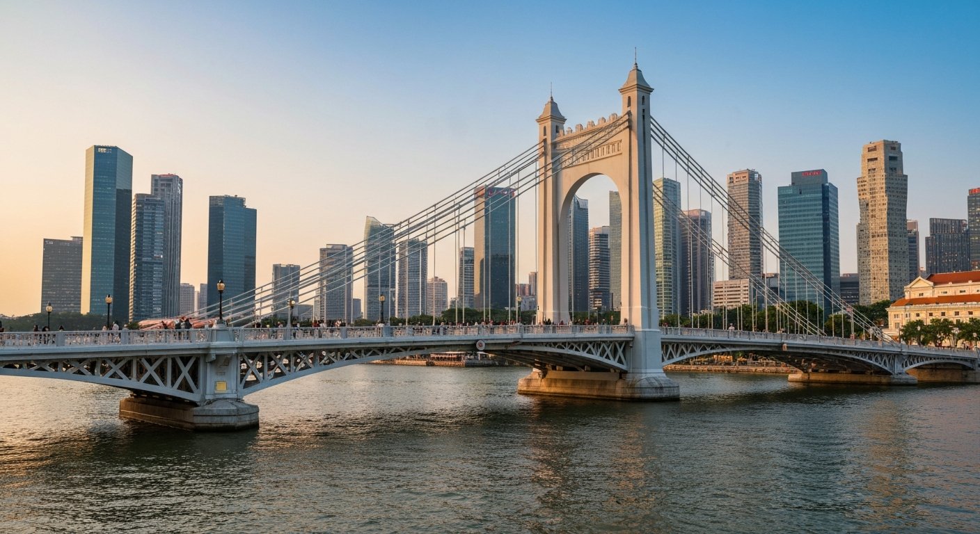 Cavenagh Bridge spanning the Singapore River at golden hour, with the old suspension structure and modern CBD towers beyond