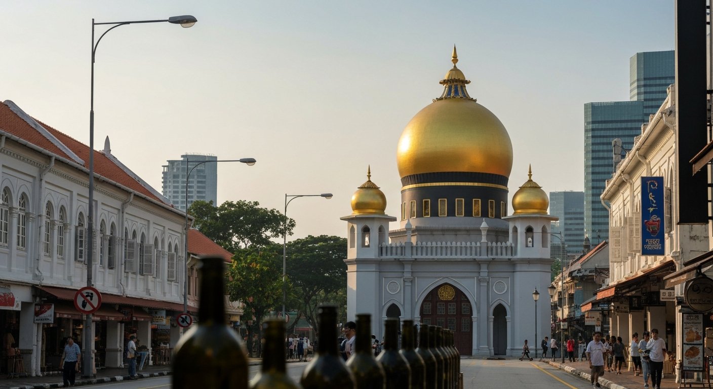 Sultan Mosque’s golden dome rising above Bussorah Street, with the dark glass bottle-ends visible at the dome base in soft morning light