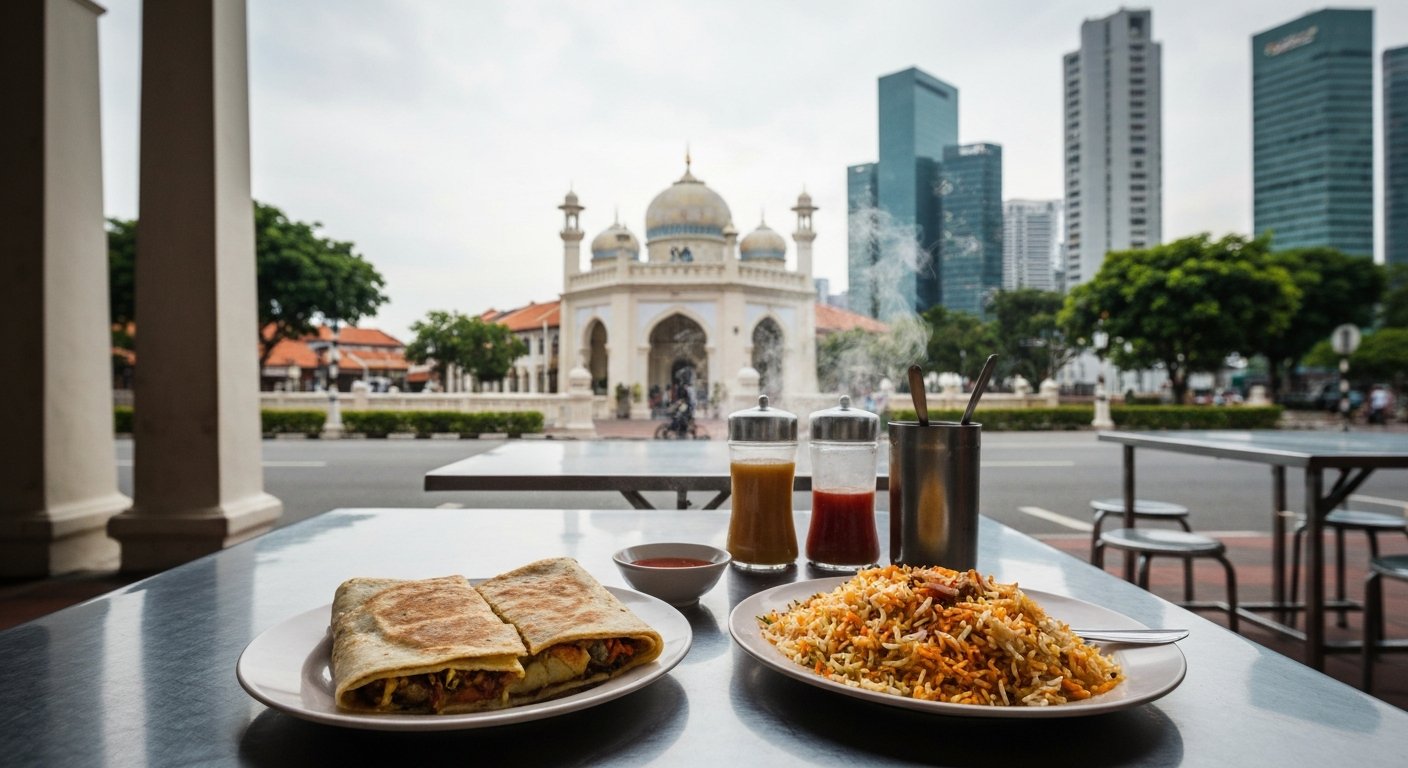 a mutton murtabak and biryani set at Zam Zam on a simple metal table opposite Sultan Mosque, steam rising in the afternoon heat