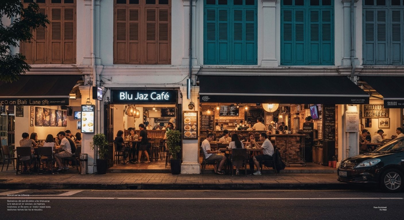 Blu Jaz Cafe on Bali Lane at night, neon glowing over the entrance while live-music spill lights the shophouse facade