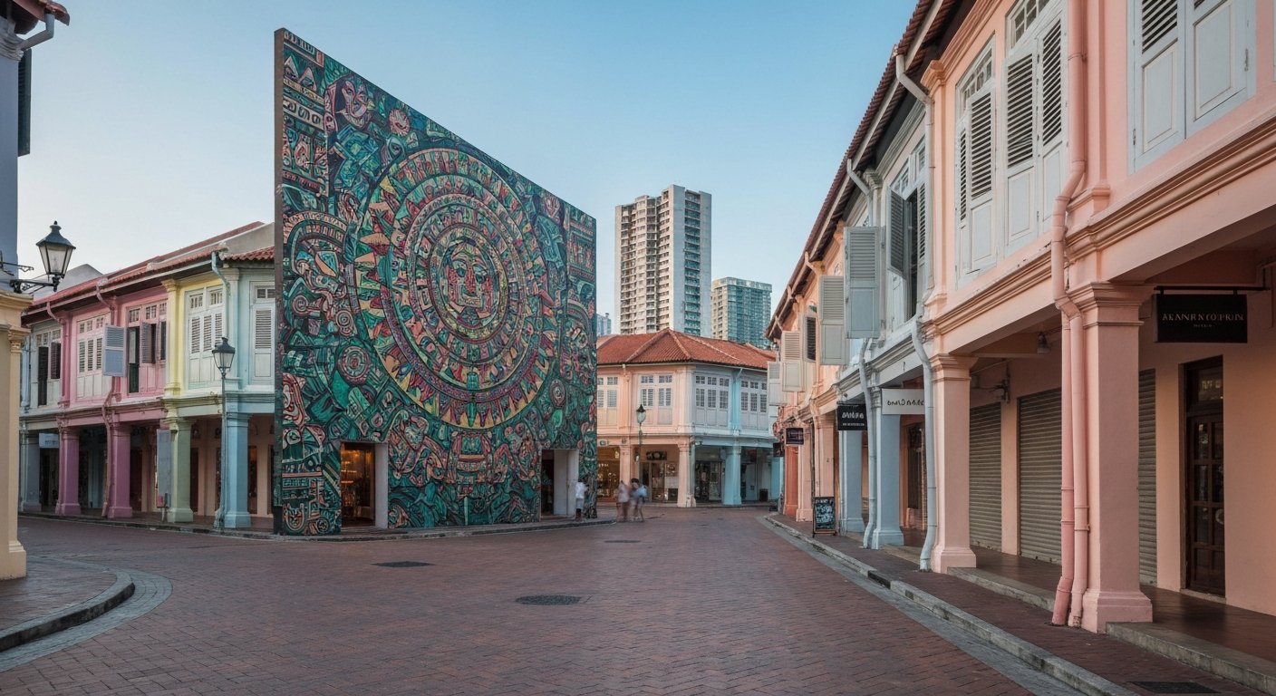 Haji Lane’s pastel shophouses and the Piedra Negra Aztec mural in soft early light, with empty lane paving and closed boutique shutters