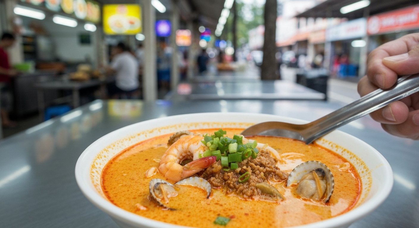 a steaming bowl of 328 Katong Laksa on East Coast Road, orange coconut curry broth with cockles and prawns, served close-up with a spoon on a hawker counter