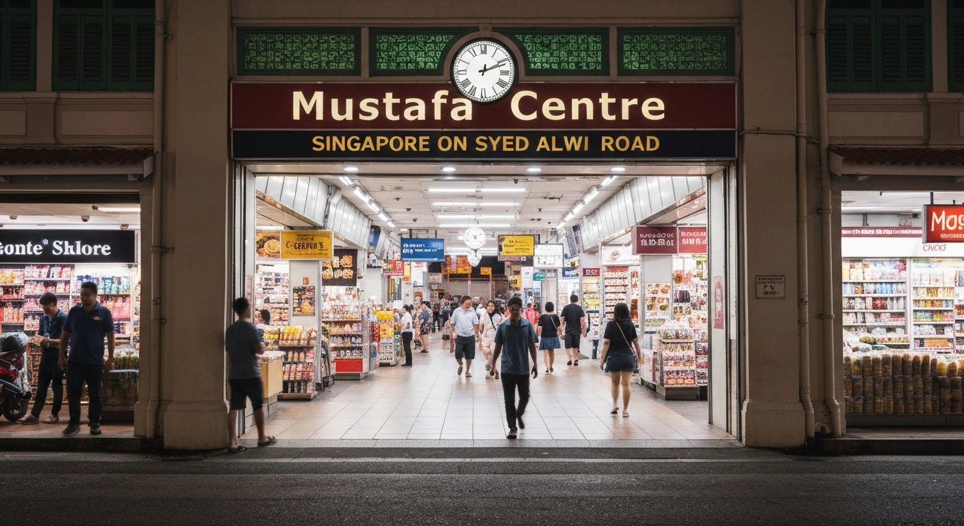 Mustafa Centre on Syed Alwi Road at night, bright fluorescent interior glowing through the entrance with shoppers moving in and out