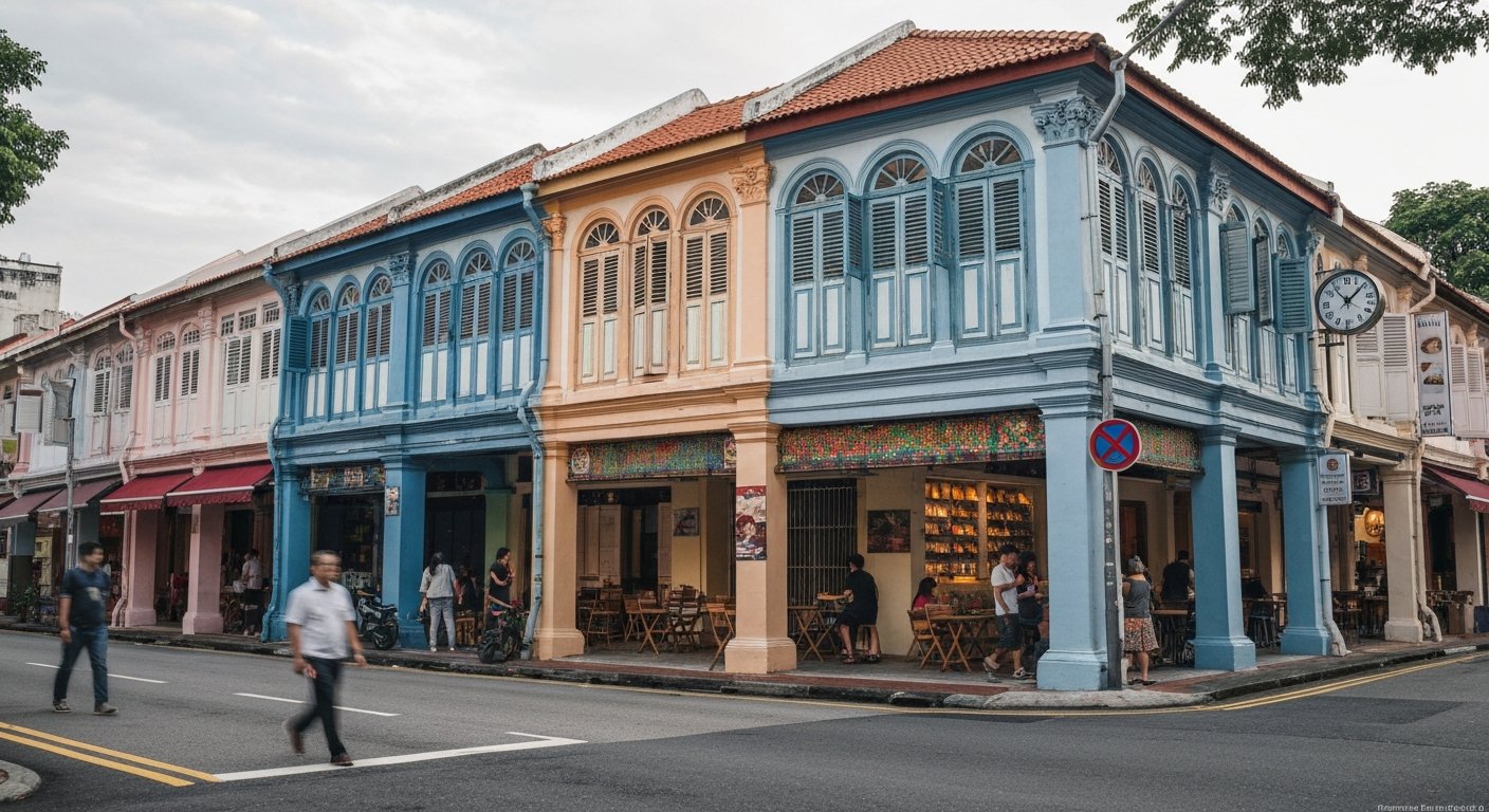 the House of Tan Teng Niah on Kerbau Road, rainbow-painted façade in late afternoon light with the shophouse street framing it