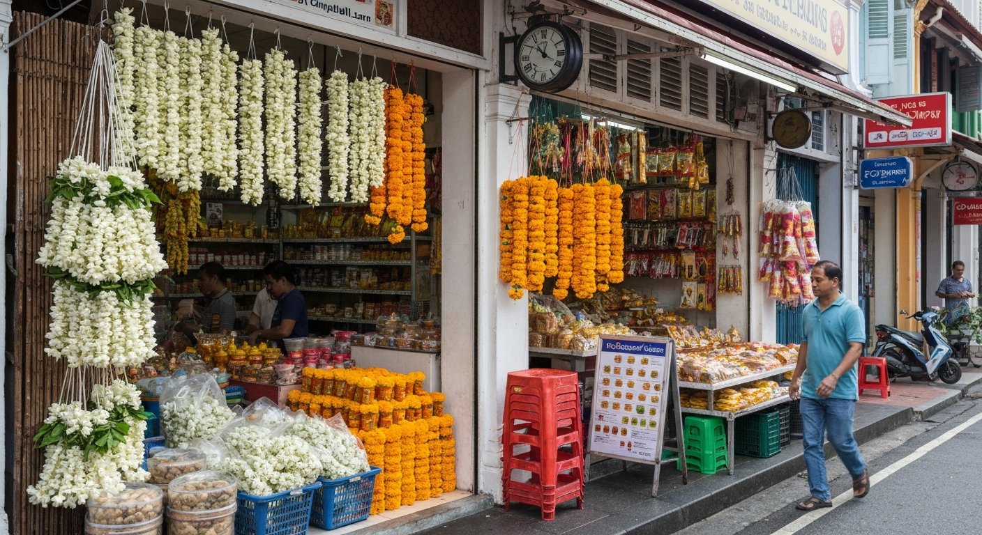 Jothi Store & Flower Shop on Campbell Lane, fresh jasmine and marigold garlands hanging out front beside pooja items and prayer supplies