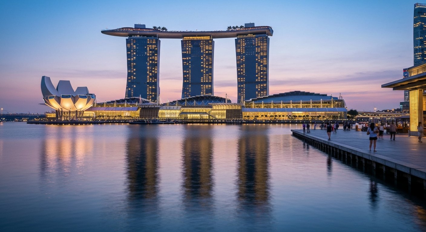Marina Bay Sands at dusk, three illuminated towers rising behind the bay with the SkyPark bridging the top and reflections shimmering on the water