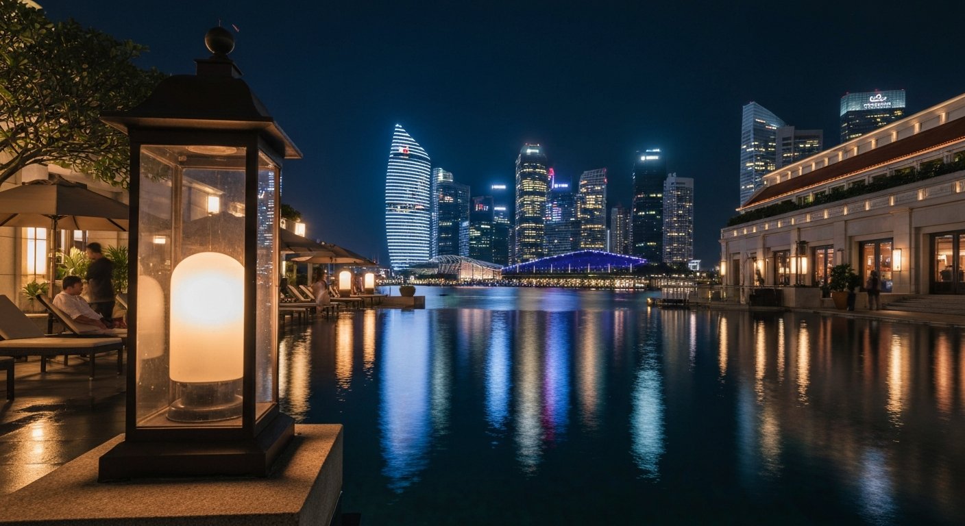 Lantern at the Fullerton Bay Hotel at night, pool reflections and the Marina Bay skyline behind the rooftop bar with the Spectra lights visible across the water