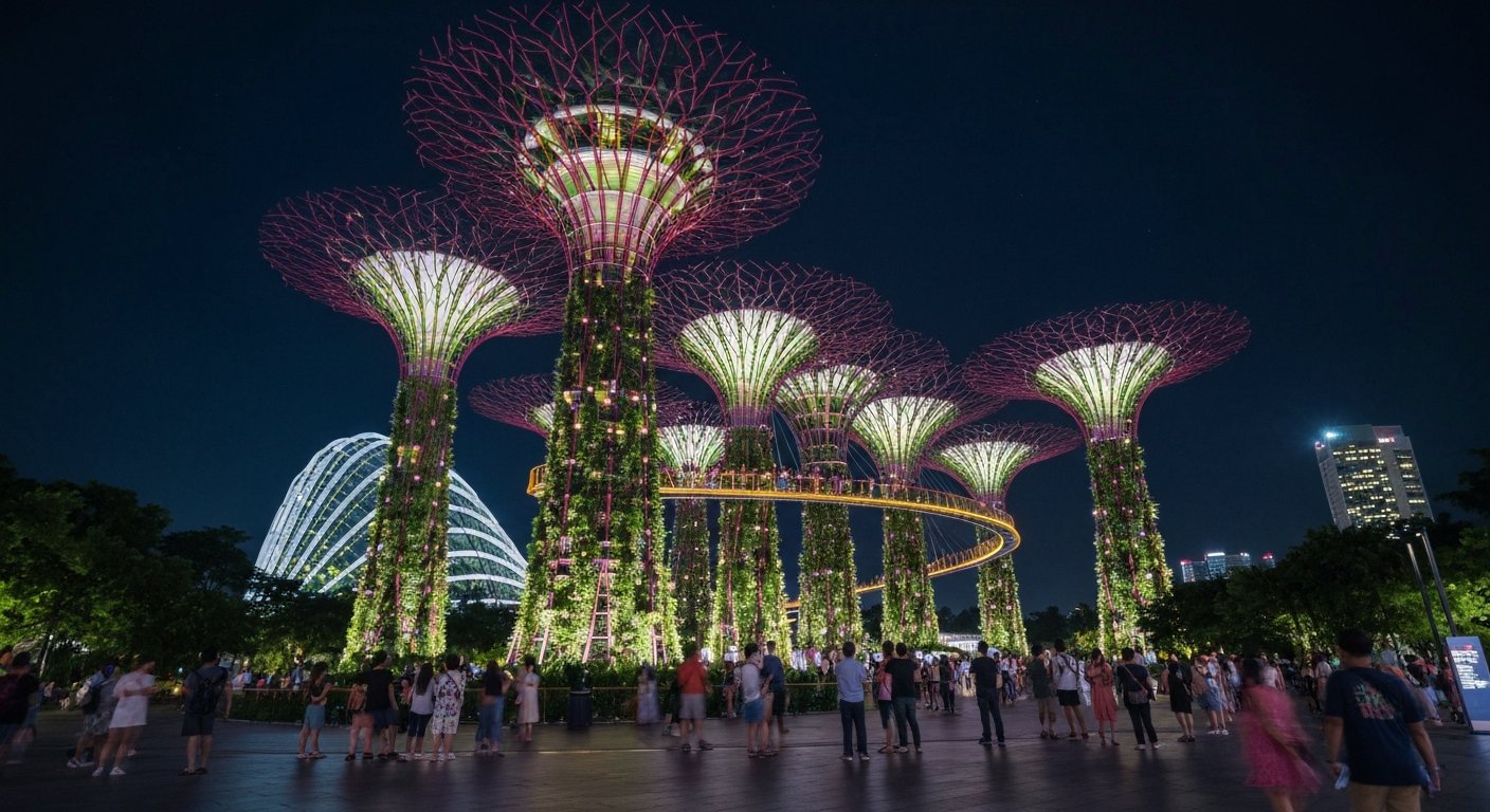 Gardens by the Bay at night, the Supertree Grove glowing during Garden Rhapsody with visitors gathered below under the lit vertical gardens
