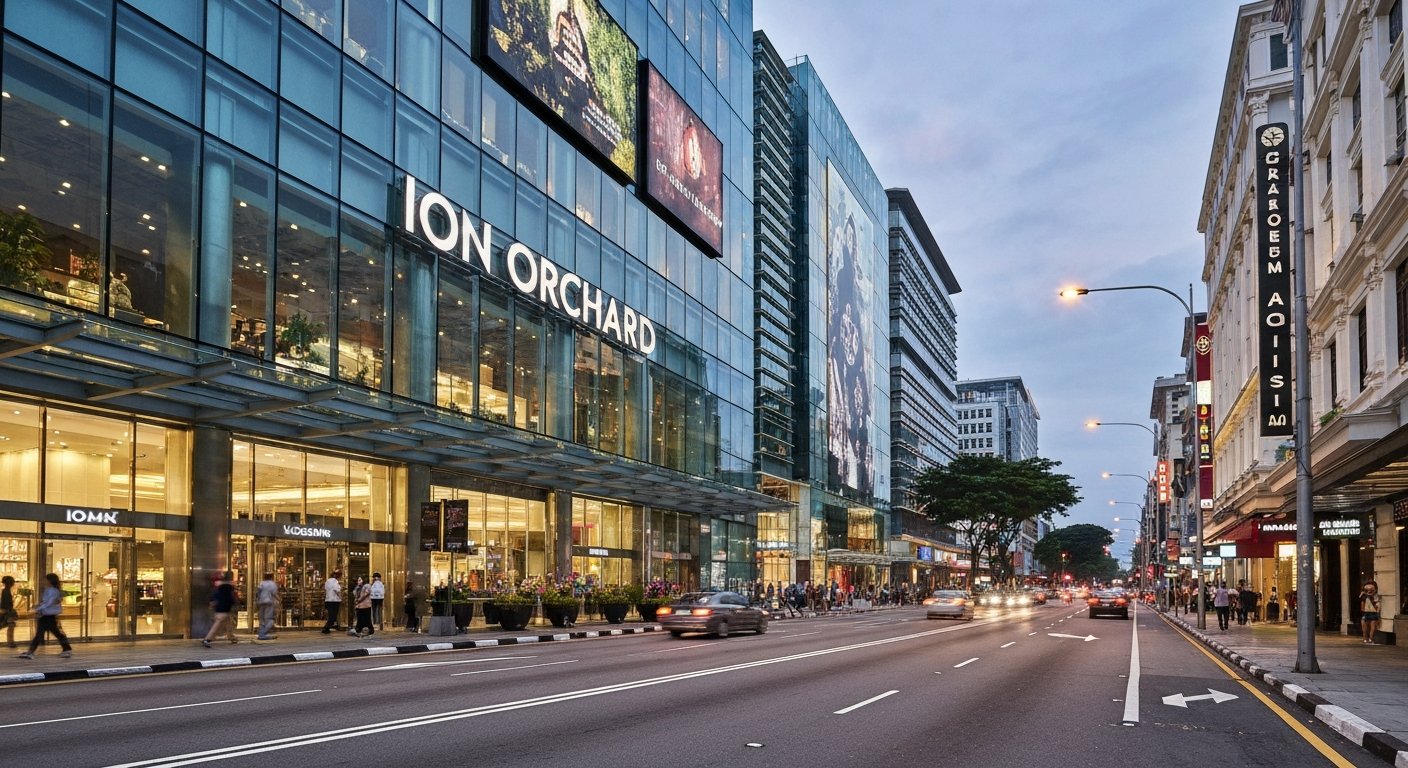 the glass-and-steel frontage of ION Orchard on Orchard Road at late afternoon, luxury brand logos glowing above the traffic