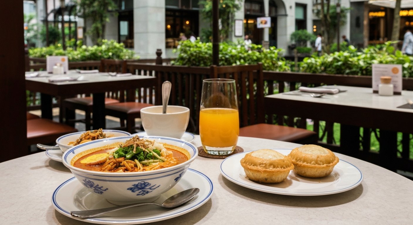 a refined Peranakan table at Violet Oon Singapore in ION Orchard, laksa and kueh pie tee set under warm interior lighting