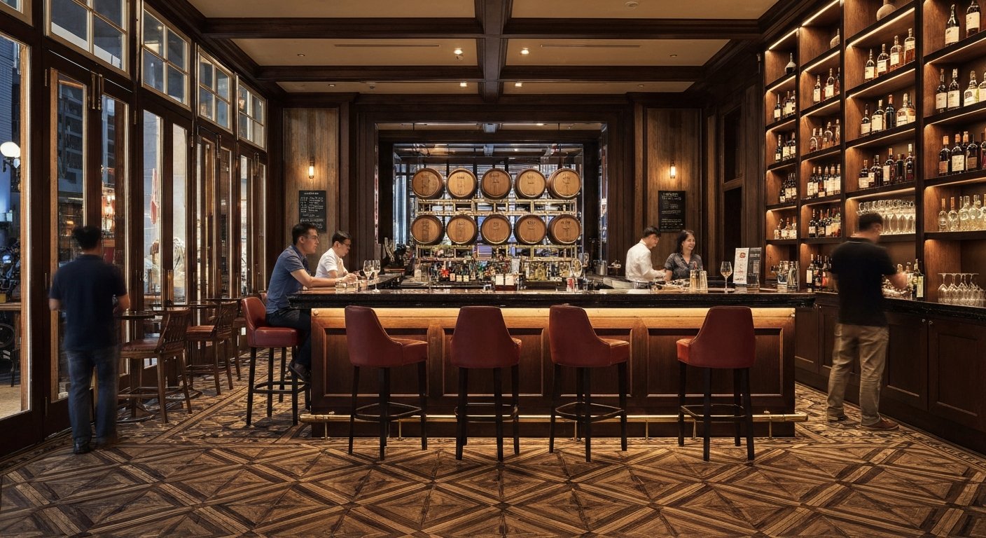 the polished interior of Manhattan at Conrad Singapore Orchard, oak barrels lined behind a Golden-Age New York style bar