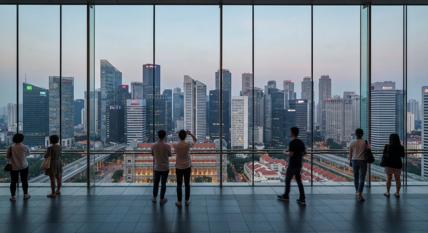 the view from ION Sky high above Orchard Road, city skyline spread out through floor-to-ceiling glass at dusk
