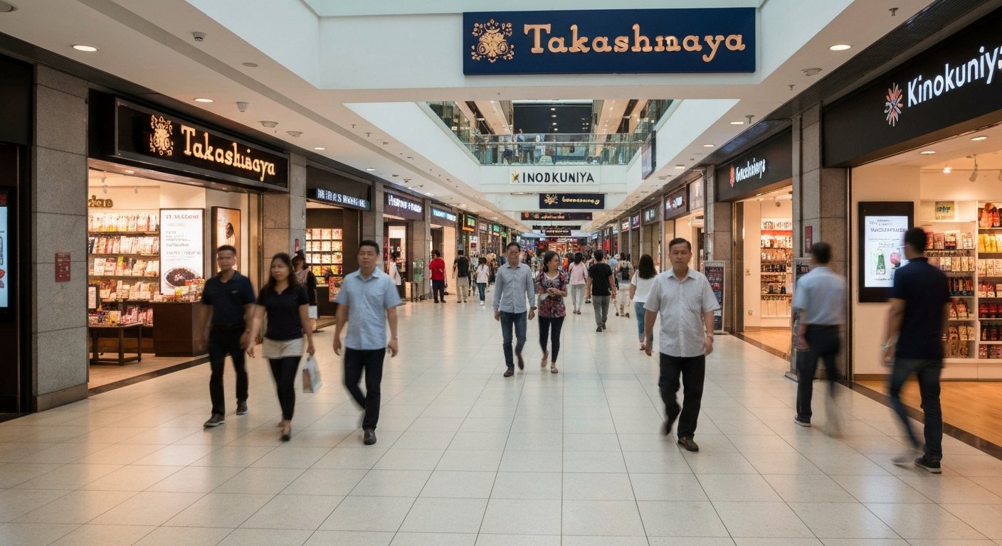 the interior of Ngee Ann City with Takashimaya and Kinokuniya signage, shoppers moving through a bright mall atrium
