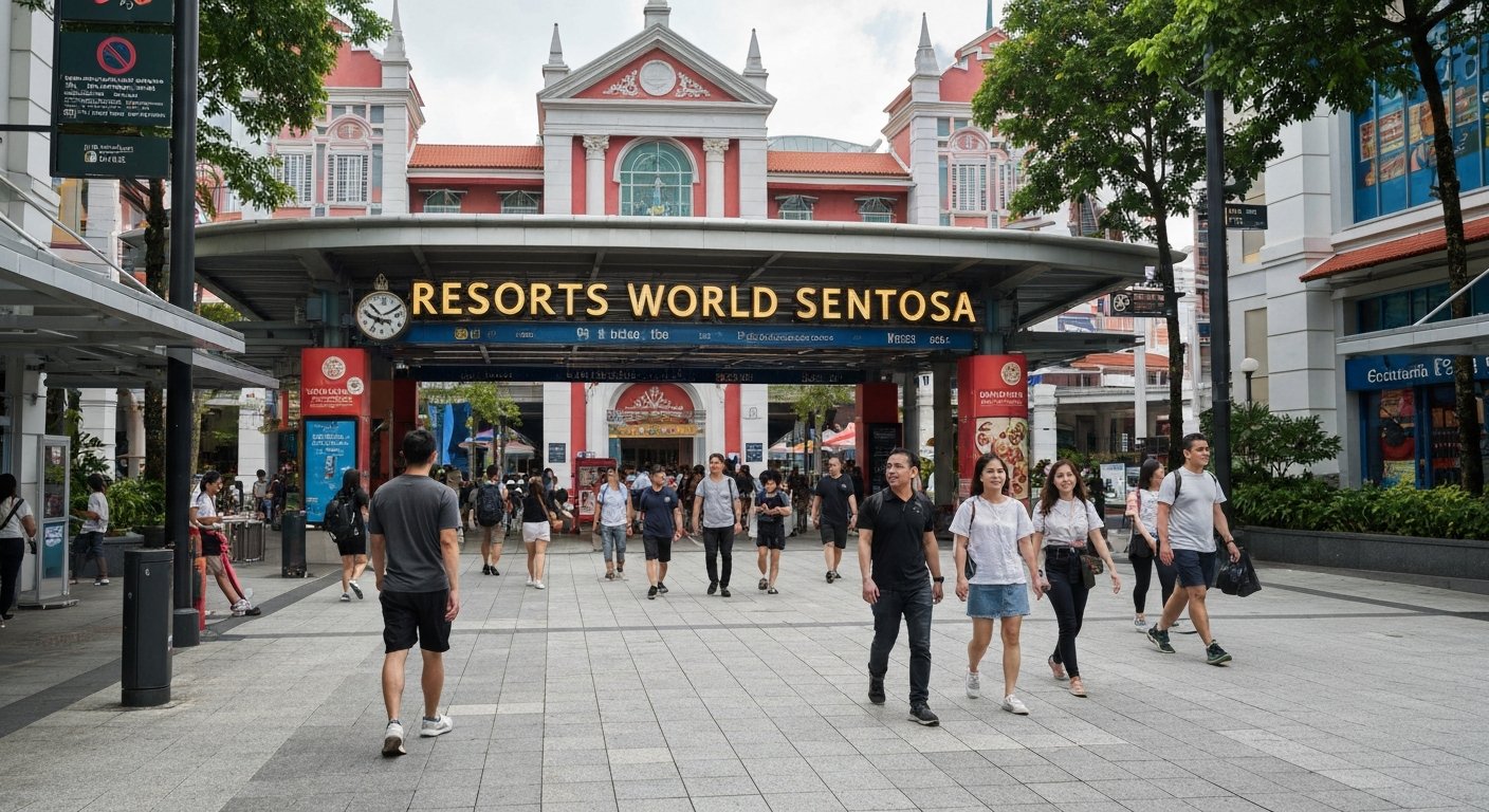 the entrance precinct of Resorts World Sentosa with visitors moving between Universal Studios Singapore and the Singapore Oceanarium in bright daytime light