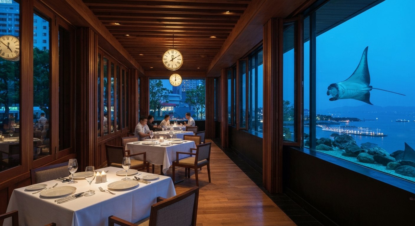 the dining room at Ocean Restaurant with a floor-to-ceiling manta-ray tank visible beside elegant tasting-menu tables at dusk