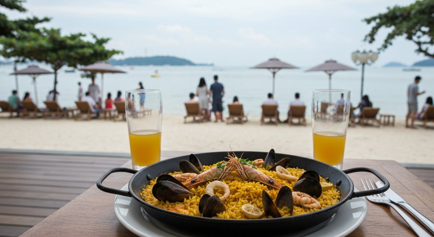 a sharing paella at FOC By The Beach on Palawan Beach, saffron rice and seafood served beachside with the sea in the background
