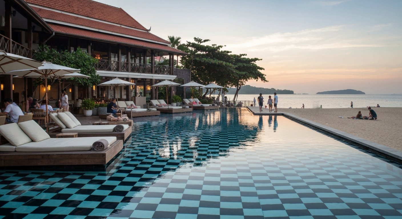 Tanjong Beach Club with its checkerboard-tiled infinity pool, daybeds and sunset light over quiet Tanjong Beach