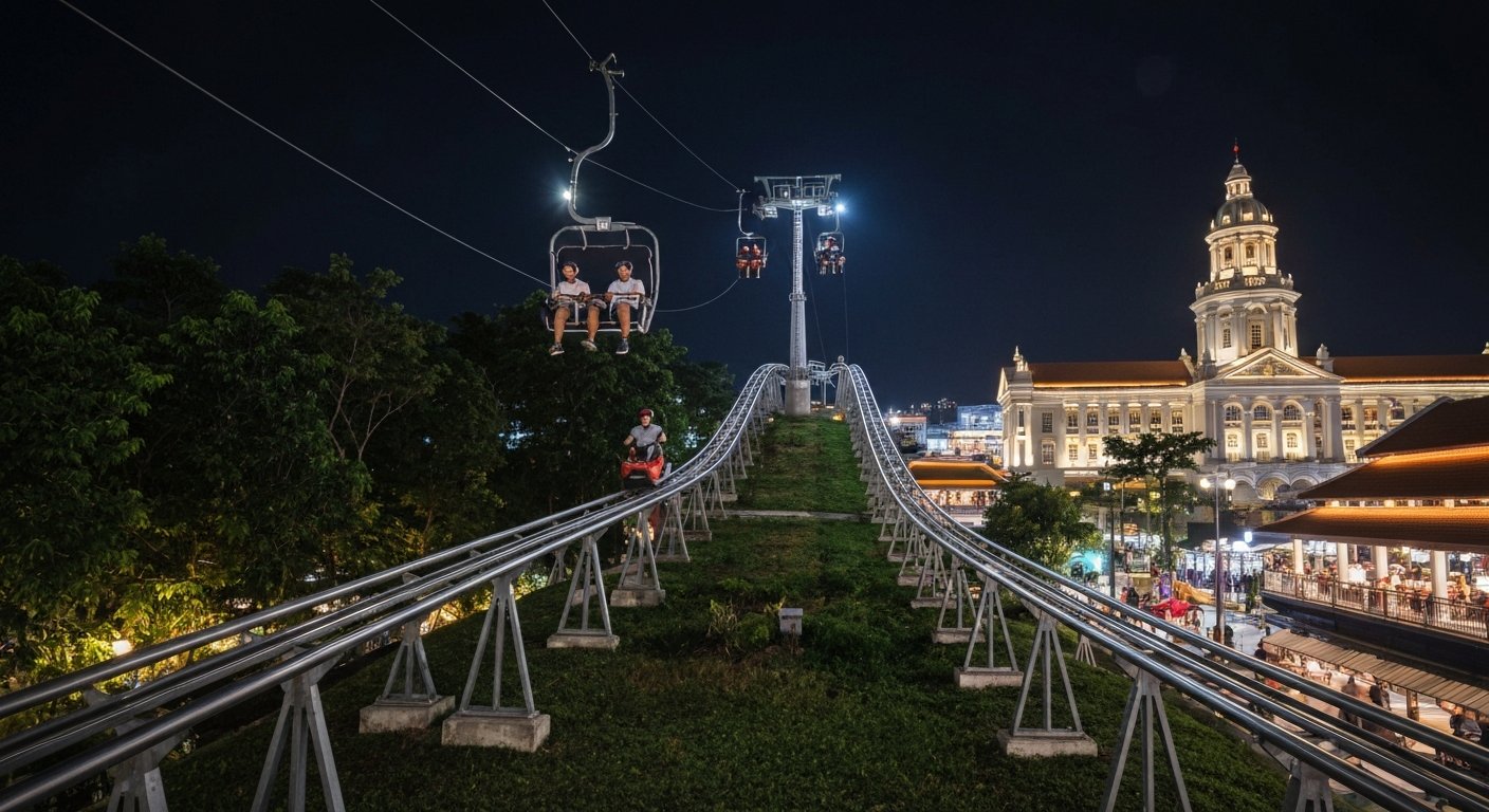 the Skyline Luge Singapore floodlit at night with a rider descending one of the tracks and the chairlift glowing above
