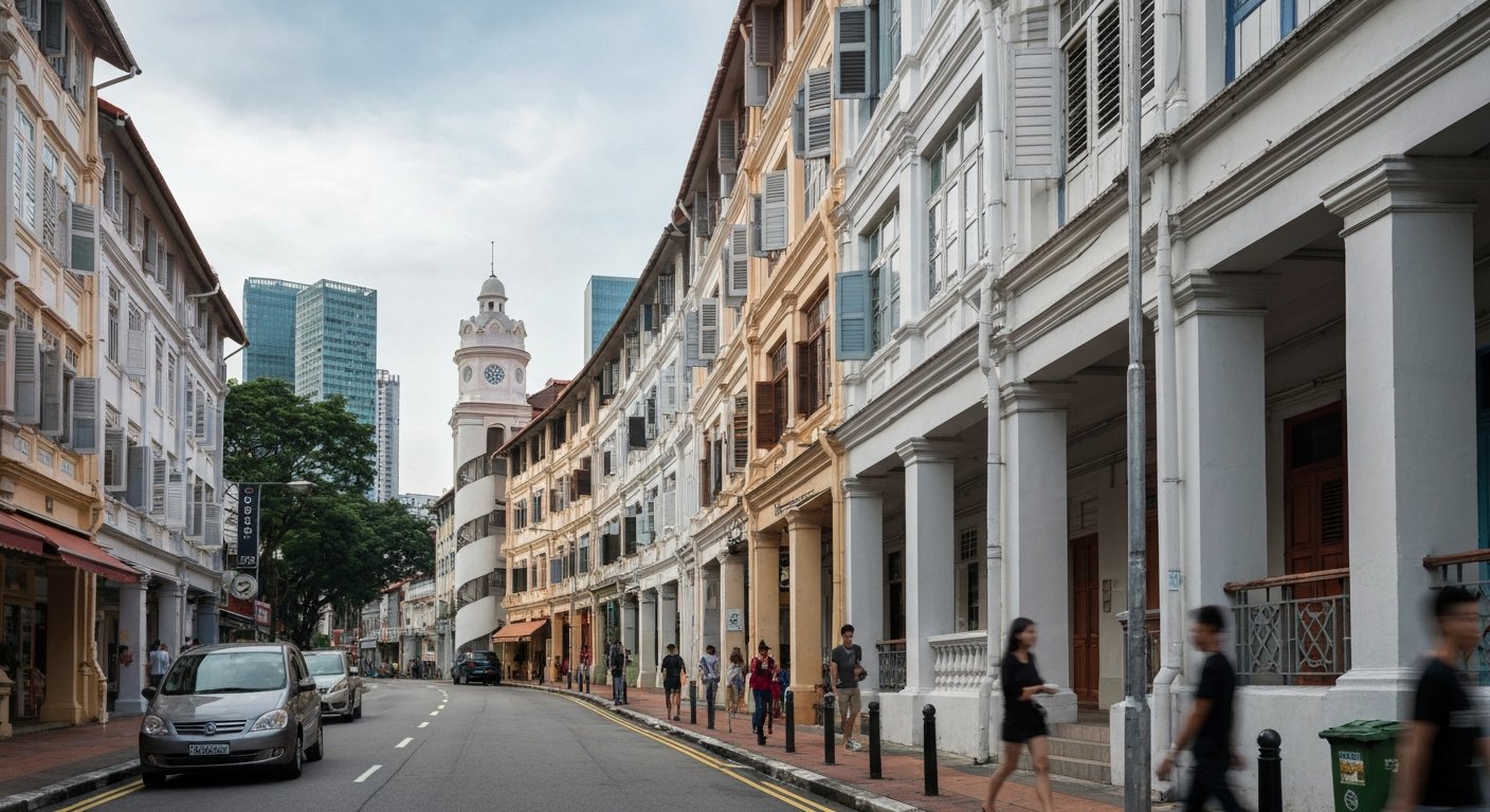 curved 1930s Tiong Bahru walk-up blocks with rounded corners and spiral stairwells along a quiet morning street
