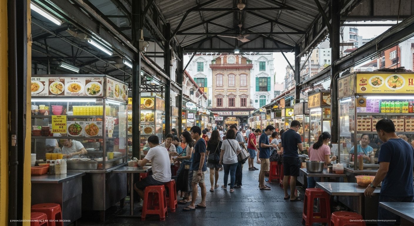 the bustling interior of Tiong Bahru Market on Seng Poh Road with hawker stalls, steam rising and morning light filtering in