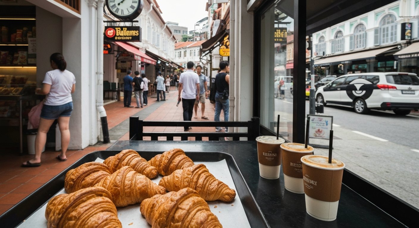 a tray of flaky croissants at Tiong Bahru Bakery on Eng Hoon Street beside takeaway coffee in the morning queue