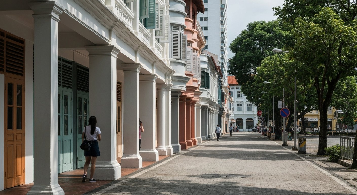 a quiet stretch of Guan Chuan Street with conserved Art Deco flats, rounded balconies and dappled shade