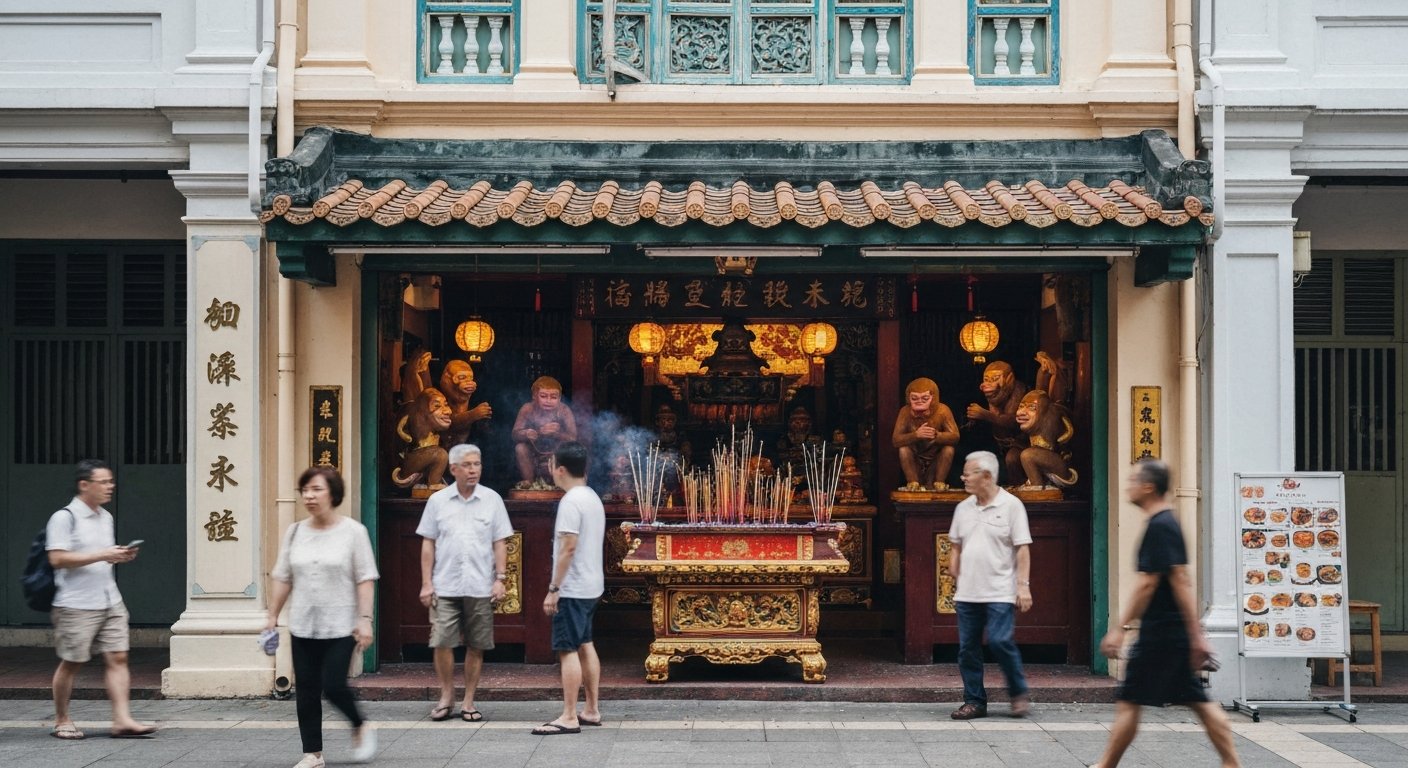 the facade of Qi Tian Gong at 44 Eng Hoon Street with incense smoke and Monkey King statues visible inside the shophouse temple